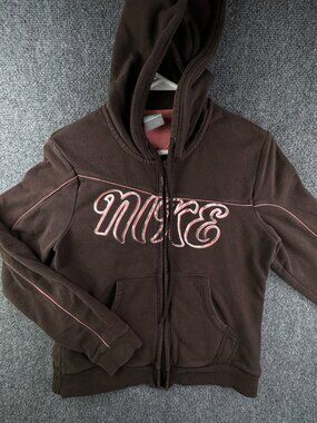 Nike Girls Size Large 12-14 Brown Full Zip Hooded Jacket Salmon Accents W Logo